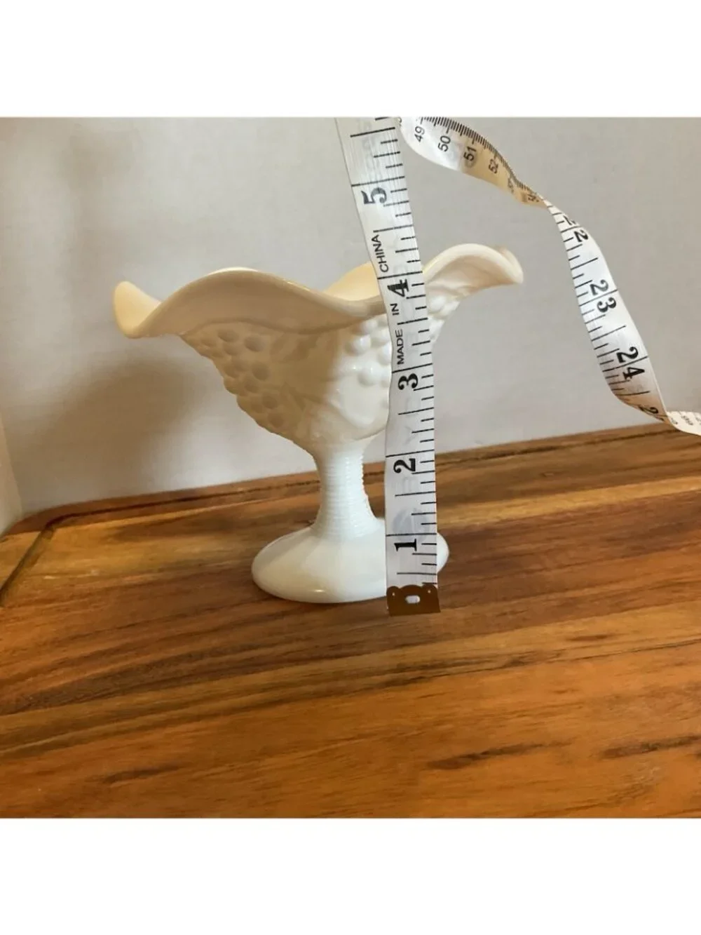 White milk Glass Wavy Footed Bowl With Grape Leaf embossed Pattern